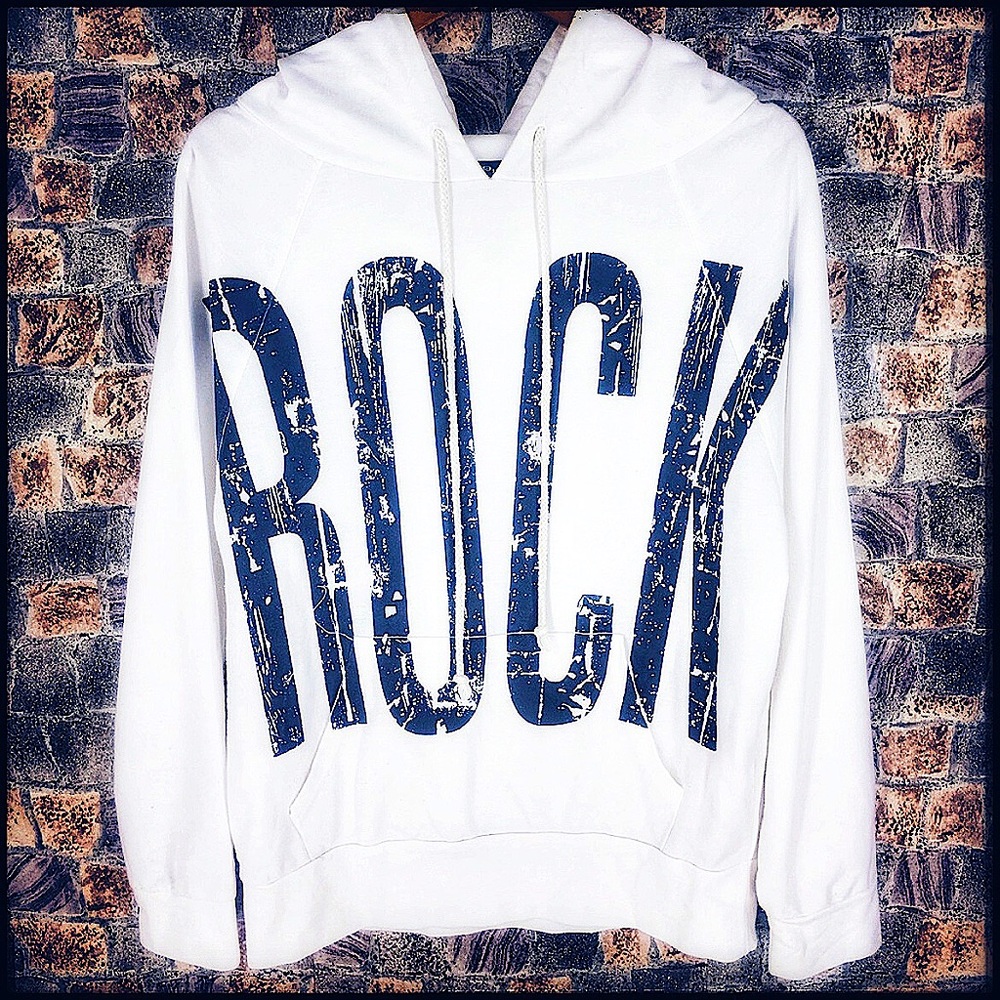Vintage White Hoodie with Distressed Navy "ROCK" Print